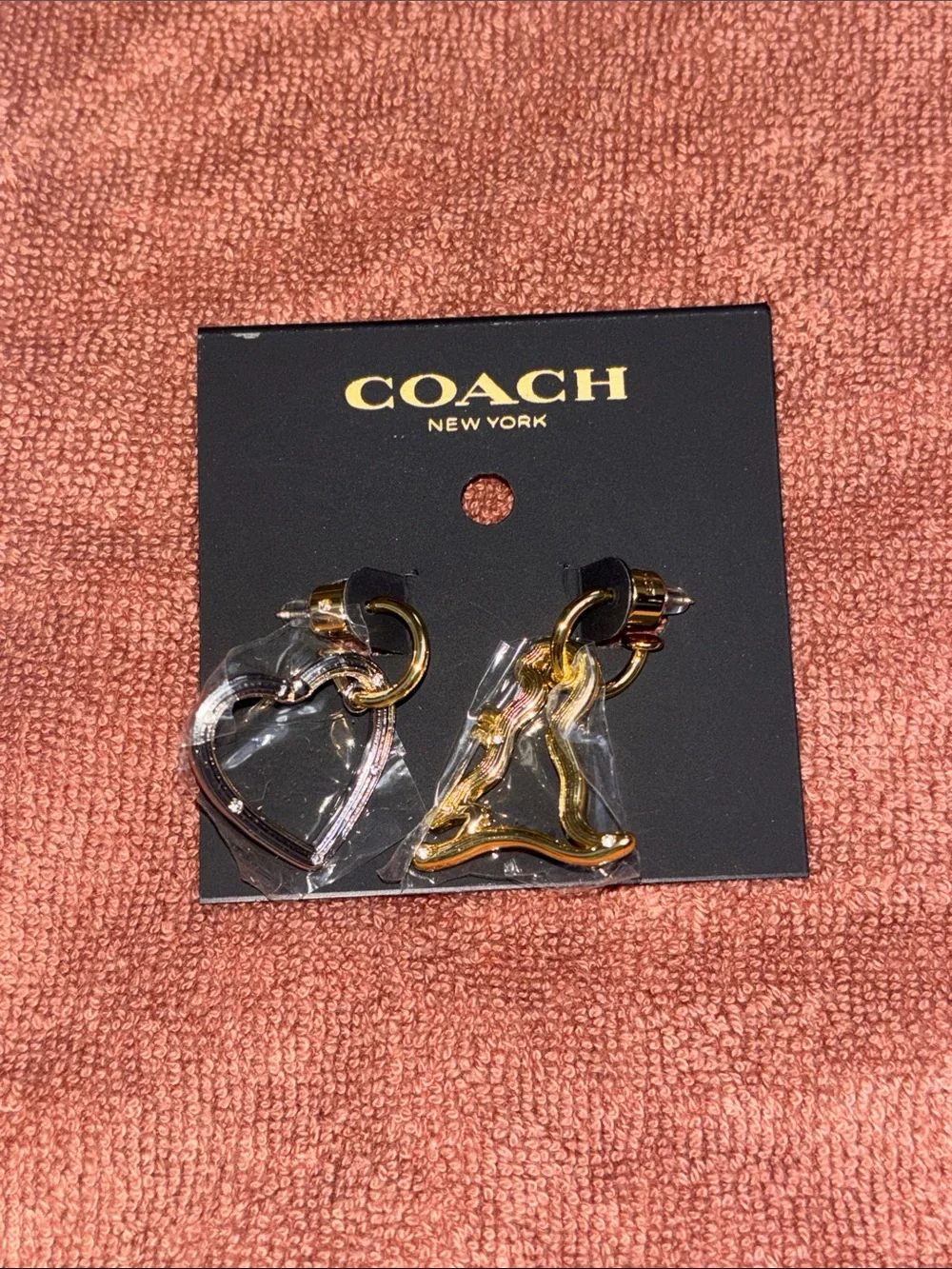 COACH Two-Tone Heart & Dinosaur Dangle Earrings - Gold & Silver - Picture 1 of 5